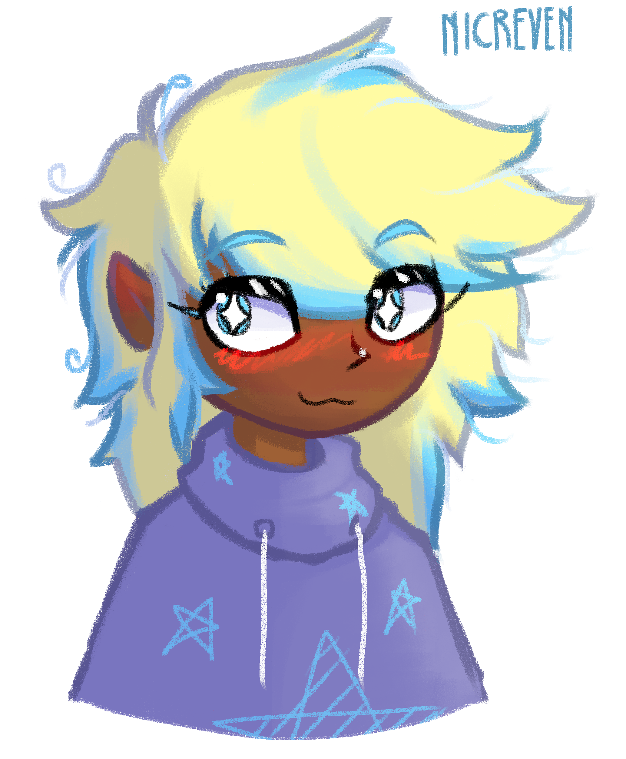 Aaron Elliot Blackwell. It's a cuter more chibi depiction. He has dark skin and bright blue eyes with white 4 pointed stars instead of pupils. His hair is blond and messy and has blue streaks in it.