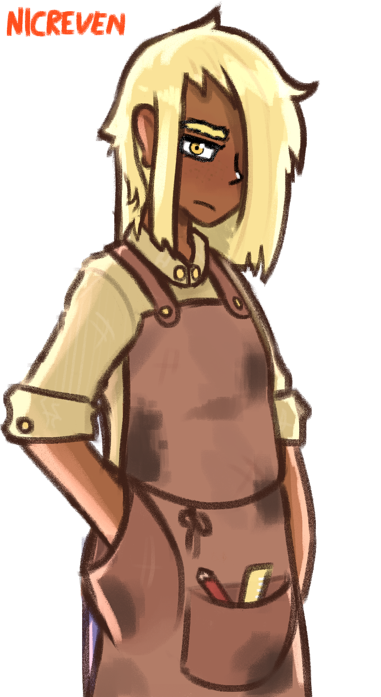 June Elise Blackwell. She has tan dark skin and blonde hair and looks generally unamused. She's wearing a thick leather apron covered in oily stains.